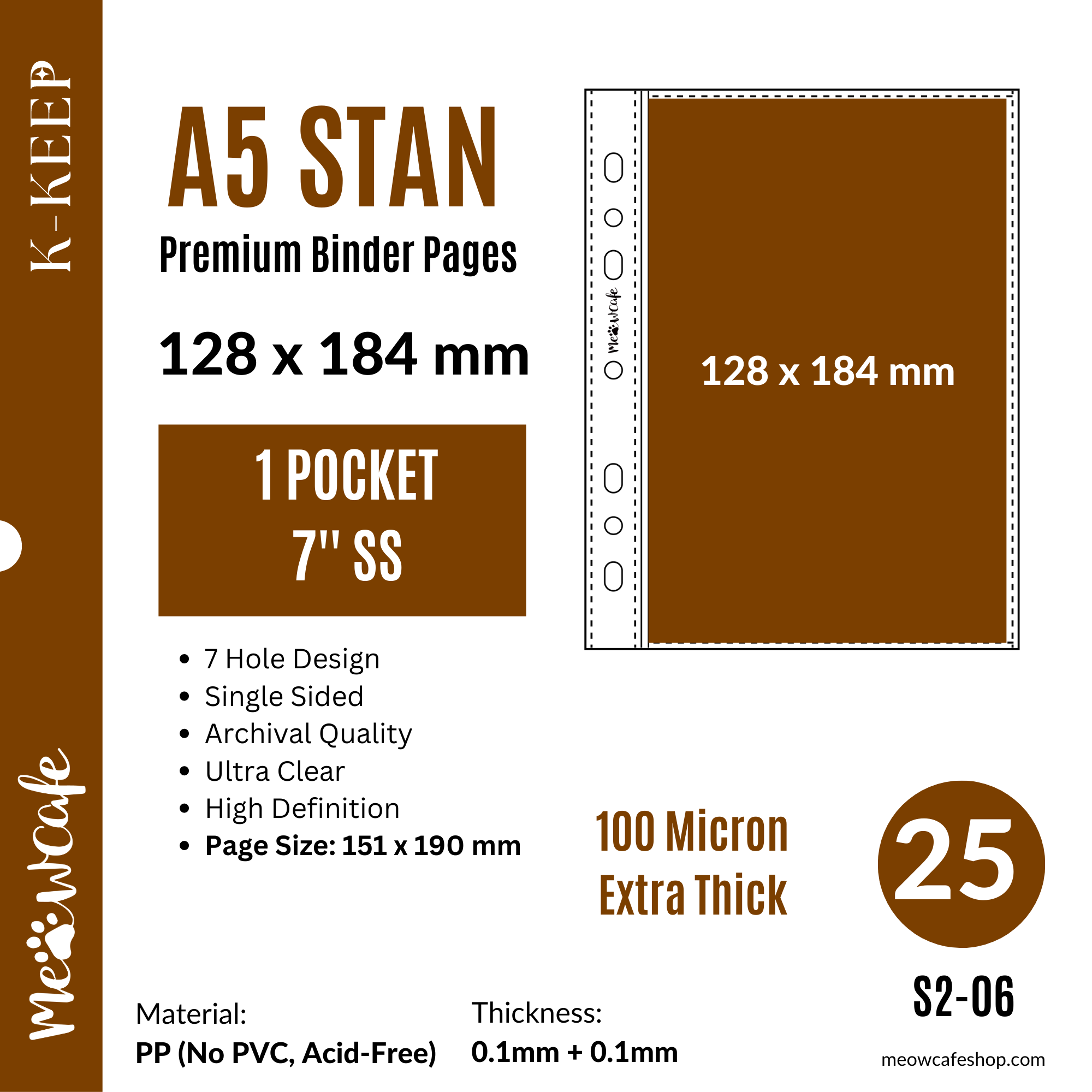K-KEEP [A5 Standard] - 1 Pocket 7 inch (128x184mm)- 7 Holes Premium Binder Pages, 100 Micron Thick, High Definition (Pack of 25)  S2-06