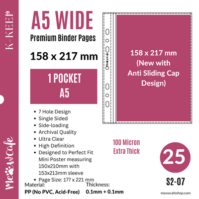 K-KEEP [A5 Wide] - 1 Pocket Mini Poster (158x217MM), 7 Holes Premium Binder Pages, 100 Micron Thick, High Definition (Pack of 25) S2-07 (New with Anti Sliding Flap)