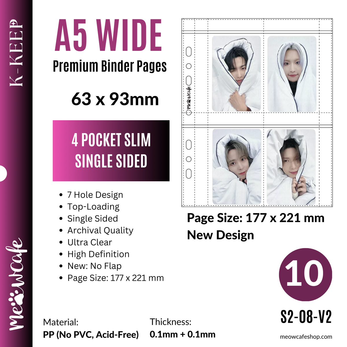 [New Layout] K-KEEP [A5 Wide] -  4 Pocket Slim (63x93mm)- 7 Holes Premium Binder Pages, 100 Micron Thick, High Definition