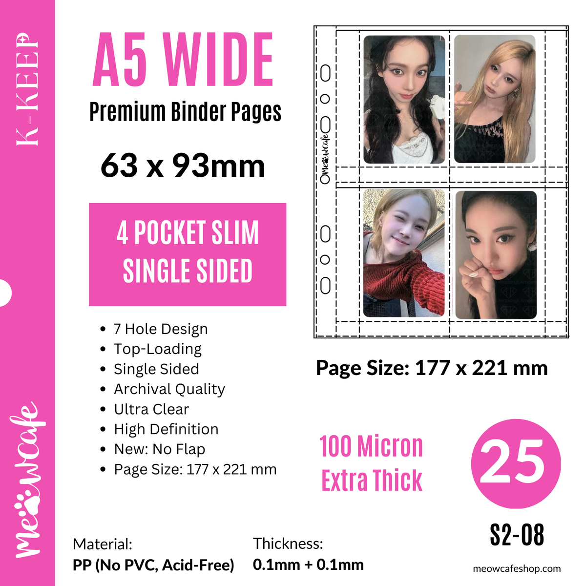 K-KEEP [A5 Wide] -  4 Pocket Slim (63x93mm)- 7 Holes Premium Binder Pages, 100 Micron Thick, High Definition (Pack of 25)