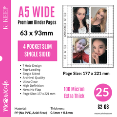 K-KEEP [A5 Wide] -  4 Pocket Slim (63x93mm)- 7 Holes Premium Binder Pages, 100 Micron Thick, High Definition (Pack of 25)