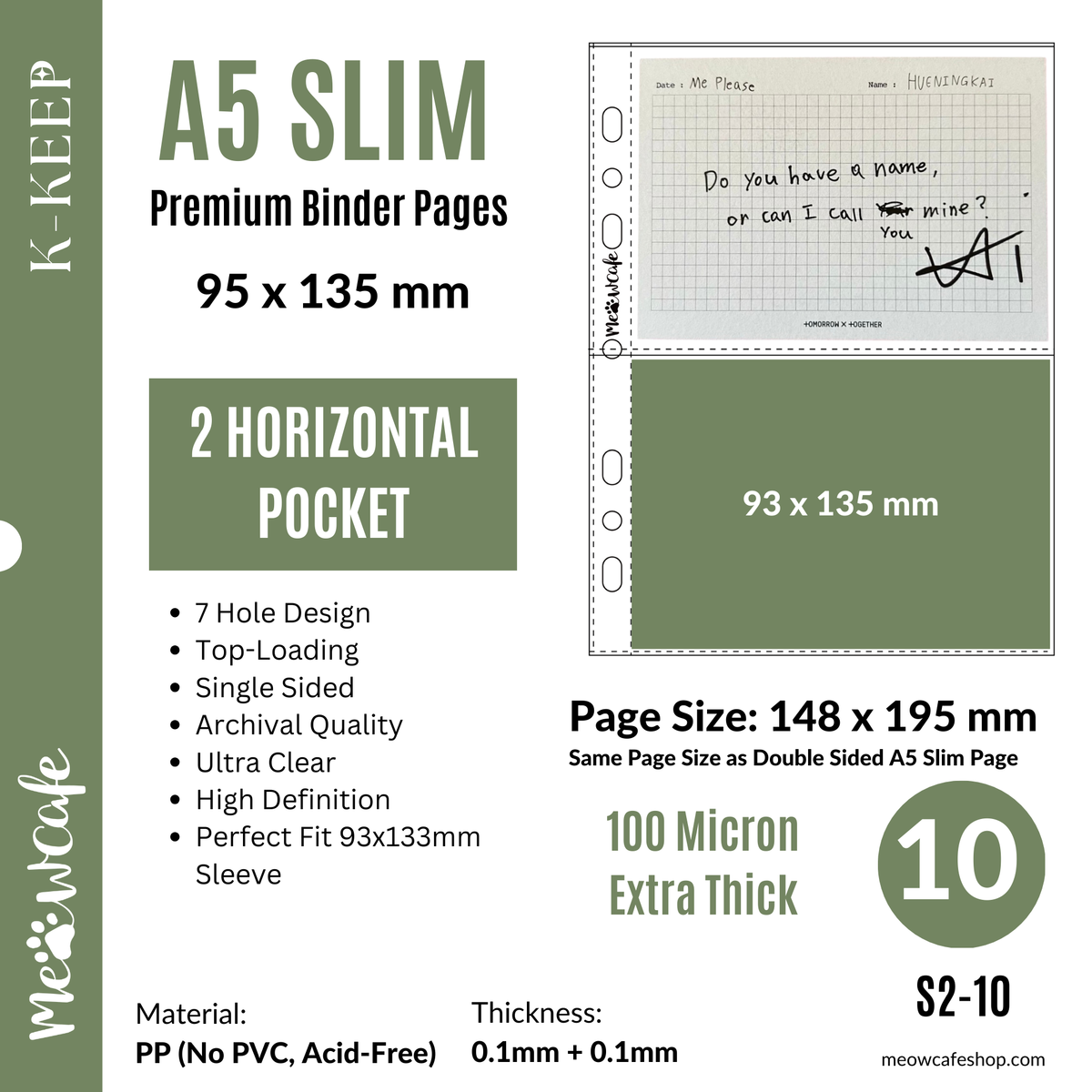 K-KEEP [A5 Slim] Custom Inclusion Page - [2 Pocket (95x135 mm)] Perfect Fit 93x133mm Sleeve - Single-Sided 7 Holes Premium Binder Pages, 100 Micron Thick, High Definition (Pack of 10) S2-10