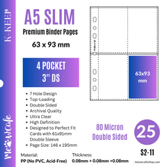 [B Grade] K-KEEP [A5 Slim] 4 Pocket - 63x93mm Double Sided Page. 7 Holes Premium Binder Pages, Double Sleeve Perfect Fit, 100 Micron Thick, High Definition (Pack of 25) S2-11