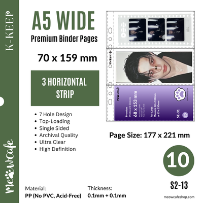 K-KEEP [A5 Wide] -  3 Horizontal Pocket- 7 Holes Premium Binder Pages, 100 Micron Thick, High Definition (Pack of 10) (S2-13)