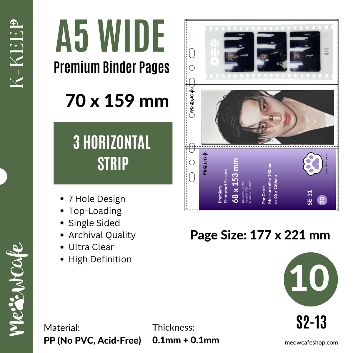 K-KEEP [A5 Wide] -  3 Horizontal Pocket- 7 Holes Premium Binder Pages, 100 Micron Thick, High Definition (Pack of 10) (S2-13)