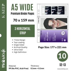 K-KEEP [A5 Wide] -  3 Horizontal Pocket- 7 Holes Premium Binder Pages, 100 Micron Thick, High Definition (Pack of 10) (S2-13)