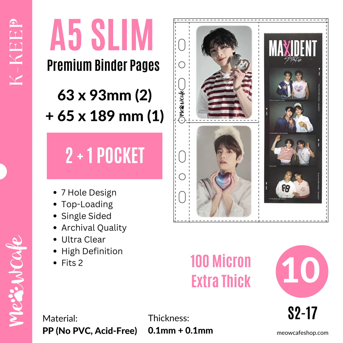 K-KEEP [A5 Slim] Custom Inclusion Page - [2+1 Pocket] Fit 2 Photocard and 1 Photo Strip - Single-Sided 7 Holes Premium Binder Pages, 100 Micron Thick, High Definition (Pack of 10) S2-17