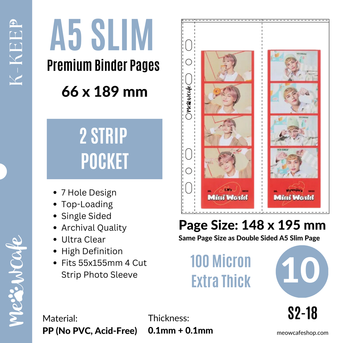 K-KEEP [A5 Slim] Custom Inclusion Page - [2 Strip Pocket (66x189 mm)] Fit 4 Cut Photo Strip Photoism - Single-Sided 7 Holes Premium Binder Pages, 100 Micron Thick, High Definition (Pack of 10) S2-18