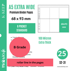 [B Grade] K-KEEP [A5 Extra-Wide] - 6 Pocket Standard 68x93mm - [For Perfect Fit 66x91mm Sleeve] Single Sided Premium Binder Pages with Anti Sliding Cap Design 7 Holes (25 Pages) - S2-31