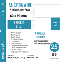 K-KEEP [A5 Extra-Wide] - 6 Pocket Slim 63x93mm - [For Perfect Fit 61x91mm Double Sleeve] Single Sided Premium Binder Pages No Flap- 7 Holes (25 Pages) - S2-34