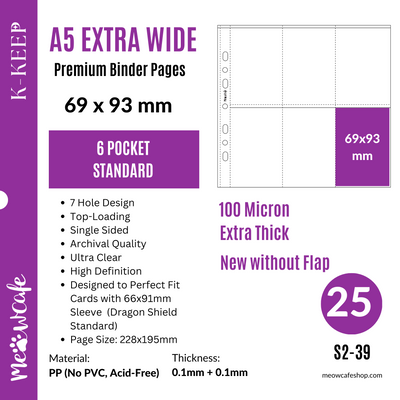 K-KEEP [A5 Extra-Wide] - 6 Pocket Standard 69x93mm - [For Perfect Fit 66x91mm Sleeve] Single Sided Premium Binder Pages Perfect Fit Dragon Sheild Sleeve, Pokemon (25 Pages) - S2-39