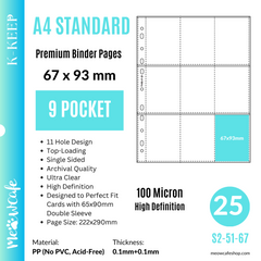 [40% OFF] NEW K-KEEP [A4 Standard] - 9 Pocket (67x93mm)- Max Fit 65x90MM Sleeve11 Holes Premium Binder Pages, 100 Micron Thick, High Definition (Pack of 25) Fit Single Sleeved Monsta X Photocard