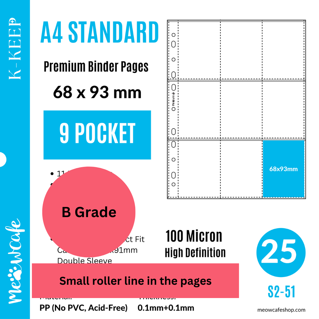 [B Grade with Water Spots] K-KEEP [A4 Standard] - 9 Pocket (68x93mm)- 11 Holes Premium Binder Pages, 100 Micron Thick, High Definition (Pack of 25) -S2-51