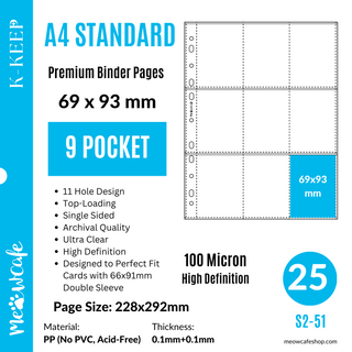 K-KEEP [A4 Standard] - 9 Pocket (69x93mm)- 11 Holes Premium Binder Pages, 100 Micron Thick, High Definition (Pack of 25) - (S2-51)