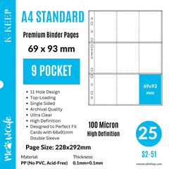 K-KEEP [A4 Standard] - 9 Pocket (69x93mm)- 11 Holes Premium Binder Pages, 100 Micron Thick, High Definition (Pack of 25) - (S2 Series)