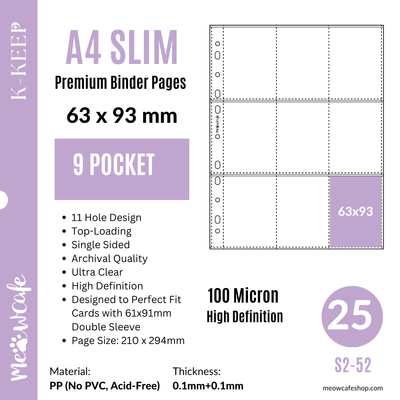 K-KEEP [A4 Slim] - 9 Pocket Double Sleeve Perfect Fit (63x93mm)- 11 Holes Premium Binder Pages, 100 Micron Thick, High Definition (Pack of 25)  (S2-52)