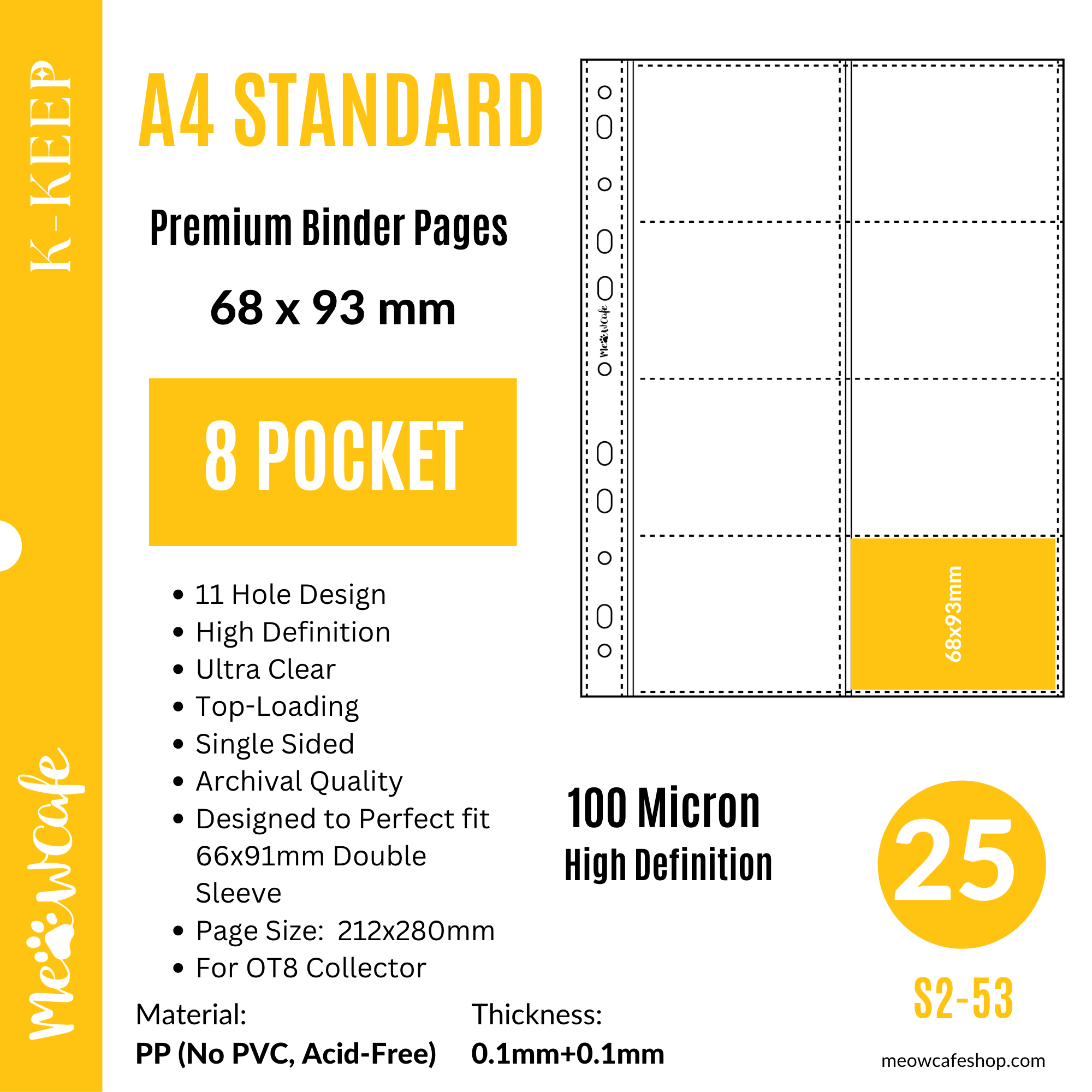 K-KEEP [A4 Standard] - 8 Pocket (68x93mm)- 11 Holes Premium Binder Pages, 100 Micron Thick, High Definition (Pack of 25) - (S2-53)