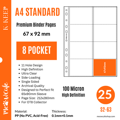 [40% OFF Final Stock, No Restock] K-KEEP [A4 Standard] - 8 Pocket (67x92mm)- For OT4 or OT8 Collector 11 Holes Premium Side-Loading Binder Pages, 100 Micron Thick, High Definition (Pack of 25) - (S2-63)