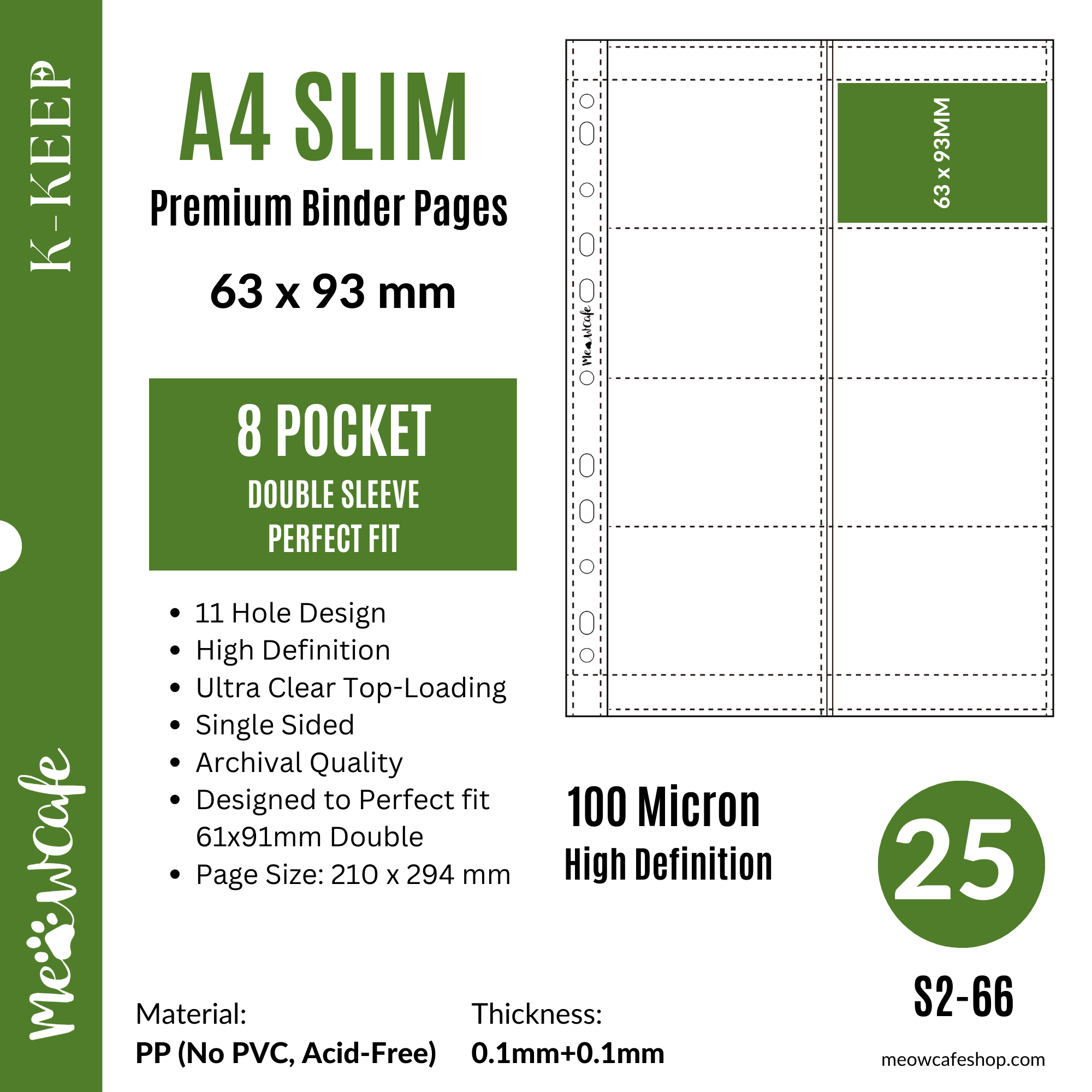 K-KEEP [A4 Slim] - 8 Pocket Slim (63x93mm)- 11 Holes Premium Binder Pages, 100 Micron Thick, High Definition (Pack of 25) - (S2-66)