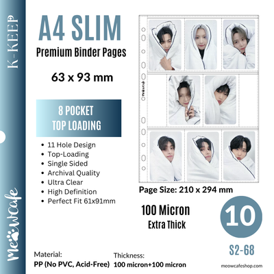 [PRE ORDER] [Ship on Sept 15th] [Toploading Version] K-KEEP [A4 Slim] - 8 Pocket Slim (63x93mm)- 11 Holes Premium Binder Pages, 100 Micron Thick, High Definition For OT8 Sets (Pack of 10) - (S2-68)