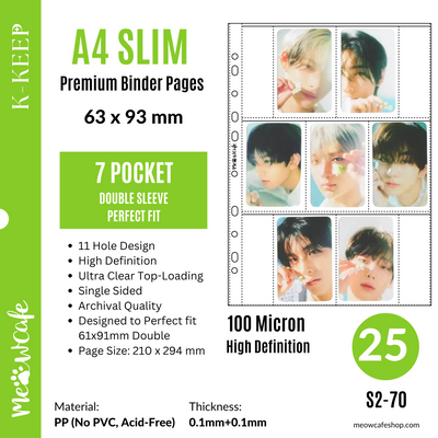 K-KEEP [A4 Slim] - 7 Pocket Slim (63x93mm)- 11 Holes Premium Binder Pages, 100 Micron Thick, High Definition for OT7 Sets(Pack of 25) - (S2-70)