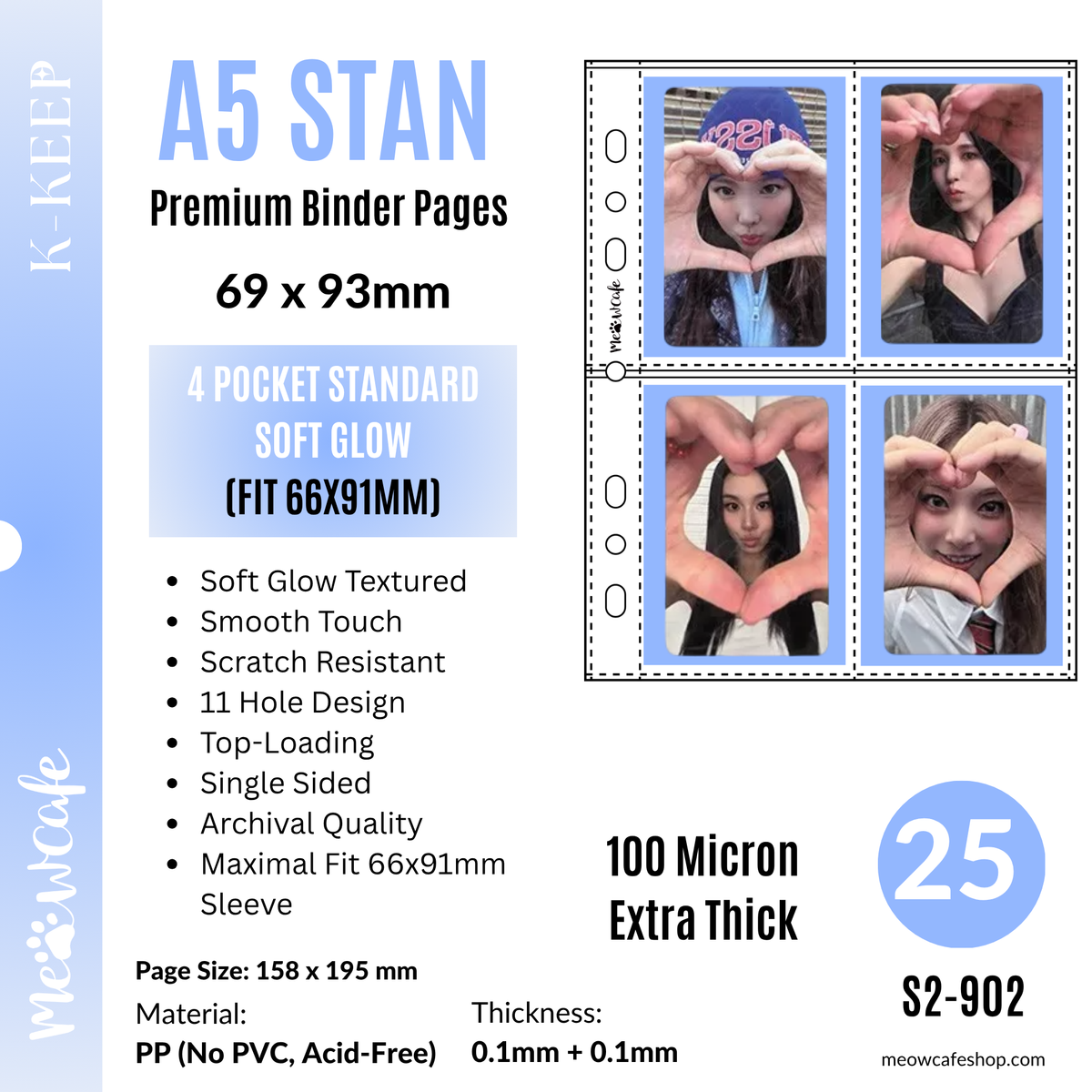 [Soft Glow Series] K-KEEP [A5 Standard] 4 Pockets 69x93mm- [For 66x91mm Sleeve] -7 Holes Premium Binder Pages, 100 Micron Thick (Pack of 25) - S2-902