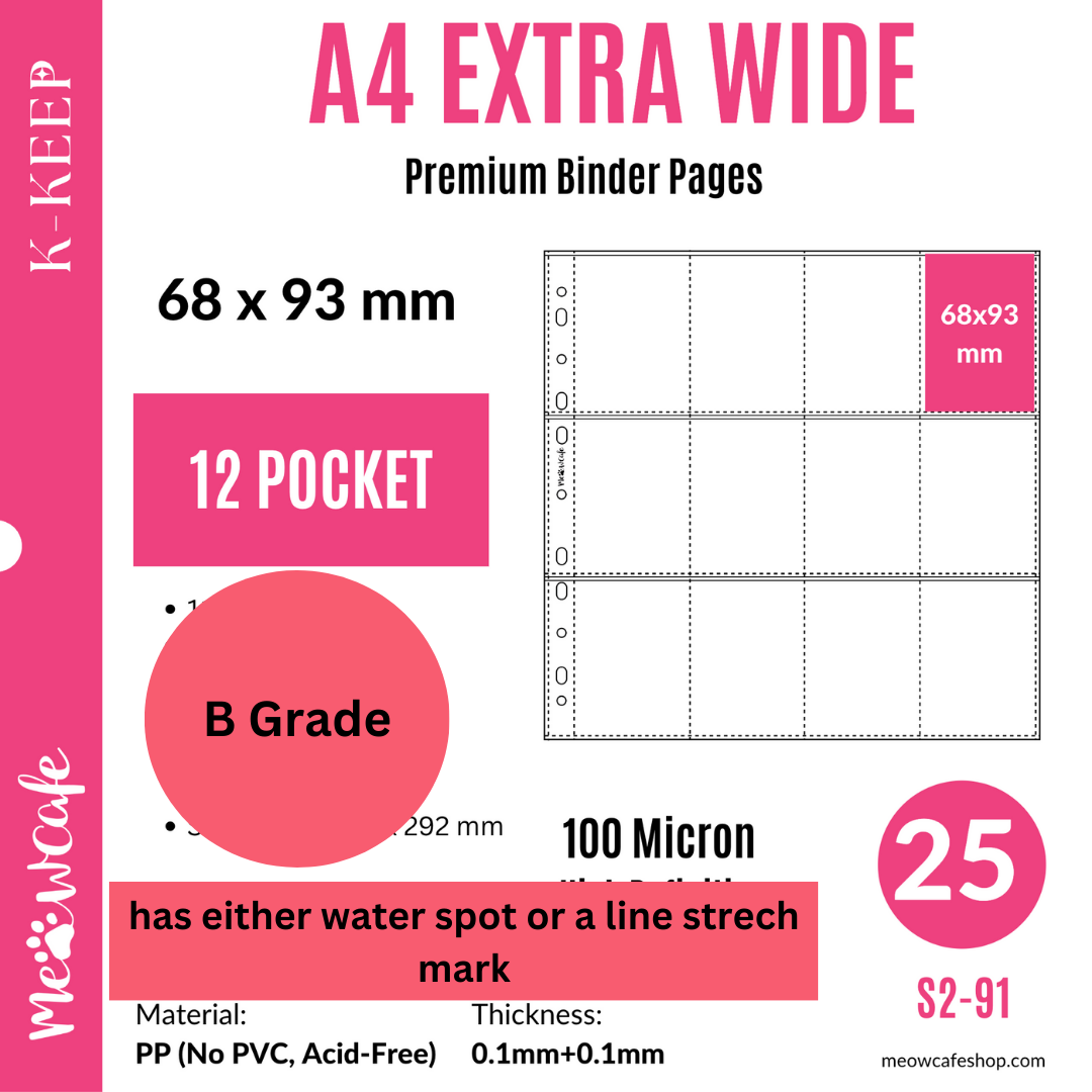 [B Grade With Water Spots in the Page] K-KEEP [A4 PLUS Extra Wide] - 15 Pocket (62x93mm) - 11 Holes Premium Binder Pages, 100 Micron Thick, High Definition (Pack of 25) - (S2-92))