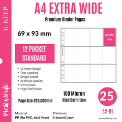 K-KEEP [A4 Extra-Wide] -  12 Pocket (69x93mm) 66x91 Double Sleeve Perfect Fit- 11 Holes Premium Binder Pages, 100 Micron Thick, High Definition (Pack of 25) - (S2-91)