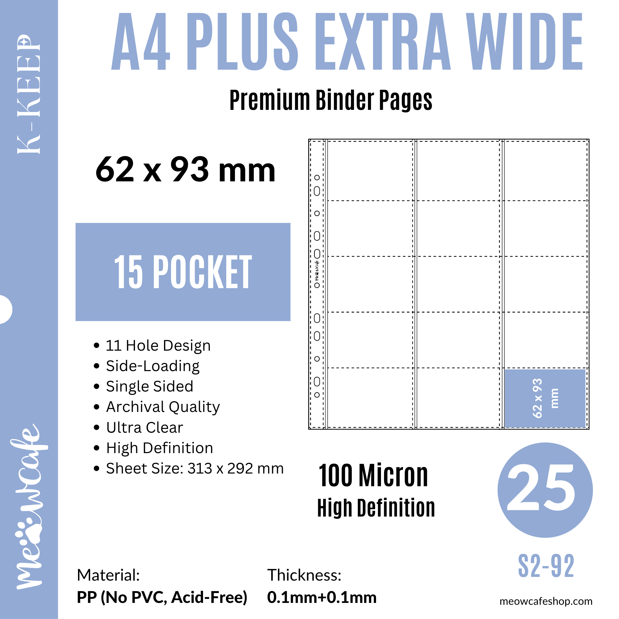 K-KEEP [A4 PLUS Extra Wide] - 15 Pocket (62x93mm) - 11 Holes Premium Binder Pages, 100 Micron Thick, High Definition (Pack of 25) - (S2-92))