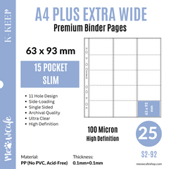 K-KEEP [A4 PLUS Extra Wide] - 15 Pocket (63x93mm) - 11 Holes Premium Binder Pages, 100 Micron Thick, High Definition (Pack of 25) - (S2-92))