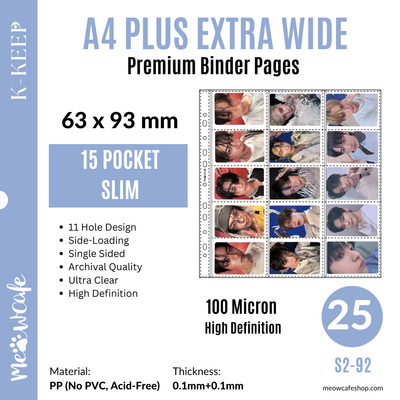 K-KEEP [A4 PLUS Extra Wide] - 15 Pocket (63x93mm) - 11 Holes Premium Binder Pages, 100 Micron Thick, High Definition (Pack of 25) - (S2-92))