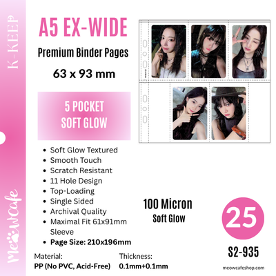 [Soft Glow Series] K-KEEP [A5 Extra Wide] 5 Pocket Slim- 63x93mm Single-Sided 7 Holes Premium Binder Pages, Double Sleeve Perfect Fit, 100 Micron Thick