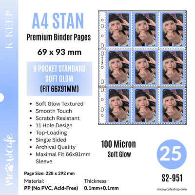 [Soft Glow Series] K-KEEP [A4 Standard] - 9 Pocket (69x93mm)- 11 Holes Premium Binder Pages, 100 Micron Thick (Pack of 25) - (S2-951)