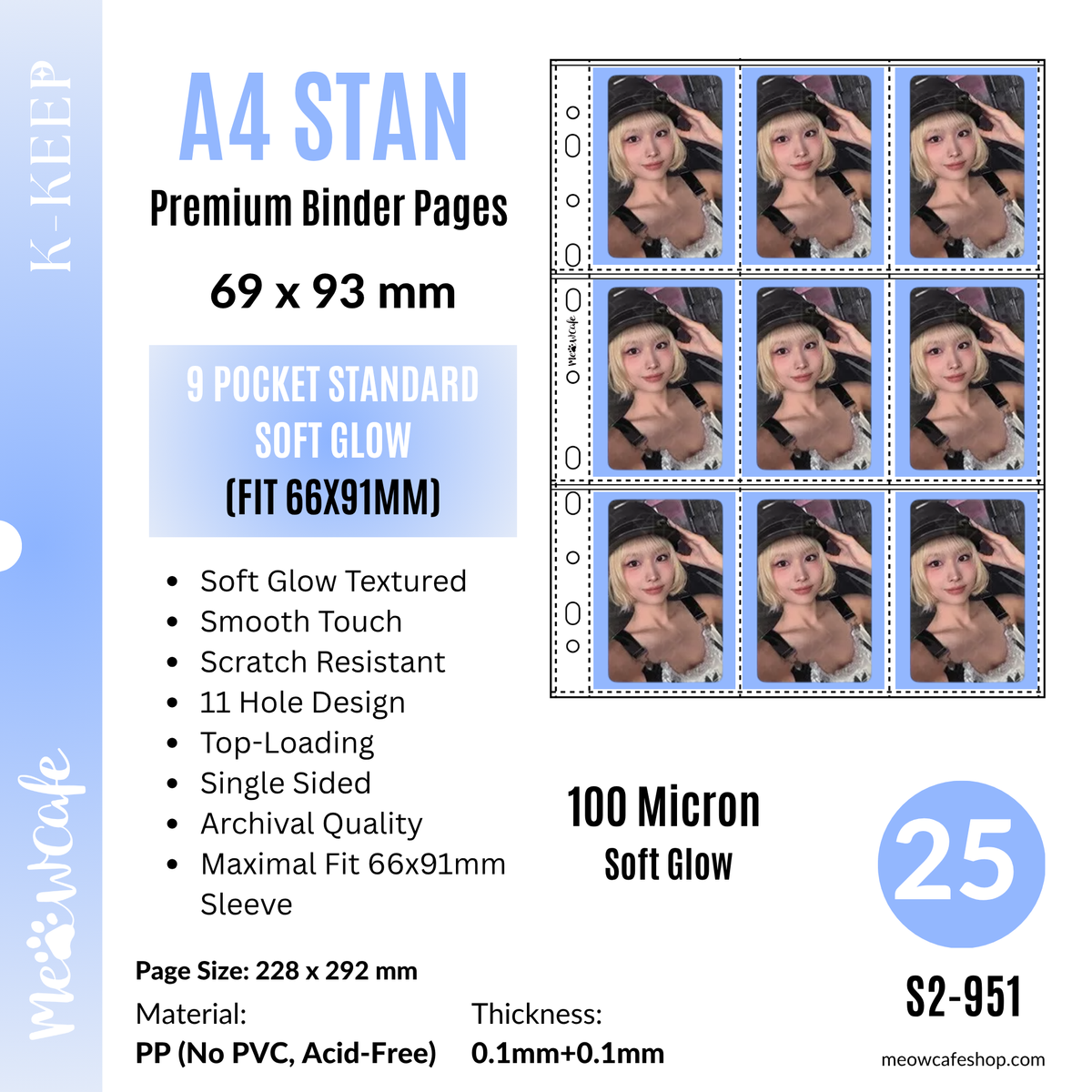 [Soft Glow Series] K-KEEP [A4 Standard] - 9 Pocket (69x93mm)- 11 Holes Premium Binder Pages, 100 Micron Thick (Pack of 25) - (S2-951)