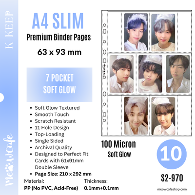 [Soft Glow Series] K-KEEP [A4 Slim] - 7 Pocket Slim (63x93mm)- 11 Holes Premium Binder Pages, 100 Micron Thick, High Definition for OT7 Sets(Pack of 10) - (S2-970)