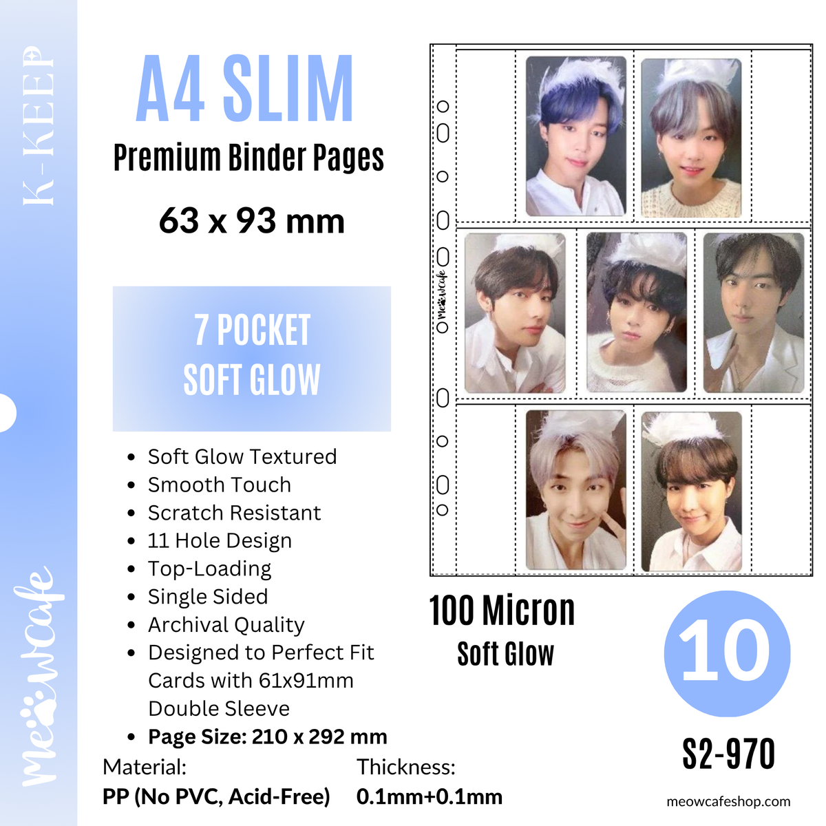 [Soft Glow Series] K-KEEP [A4 Slim] - 7 Pocket Slim (63x93mm)- 11 Holes Premium Binder Pages, 100 Micron Thick, High Definition for OT7 Sets(Pack of 25) - (S2-970)