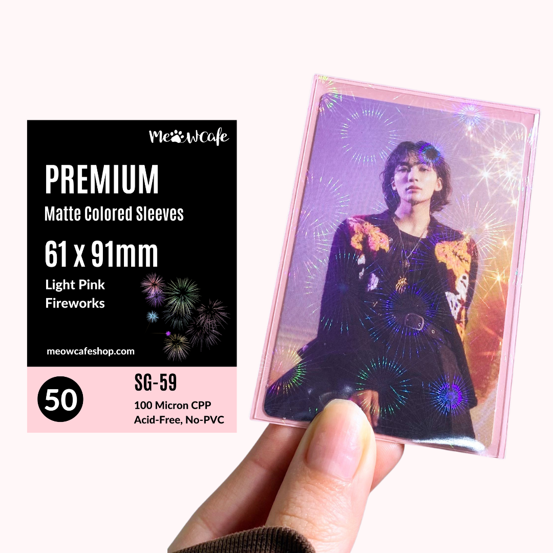 [61x91mm] Premium Colored Hologram Matte Sleeves - Hologram Fireworks + Light Pink (SG-59)