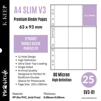 K-KEEP [A4 SLIM V3] -  9 Pocket (63x93mm) (For Perfect Fit 61x91mm Double Sleeve) - 11 Holes Premium Binder Pages, 80 Micron Thick, High Definition (Pack of 25) - (SV3-01)