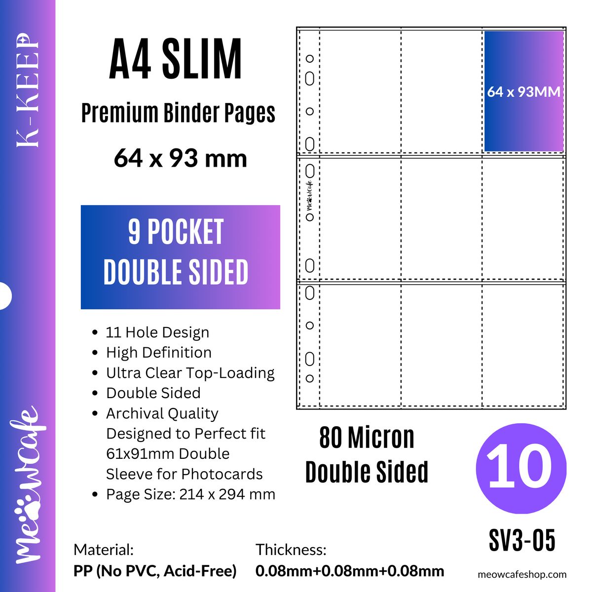 (Coming on March 30) K-KEEP [A4 Slim] - 9 Pocket Slim Double Sided (64x93mm)- 11 Holes Premium Binder Pages, 100 Micron Thick, High Definition (Pack of 10) - (SV3-05)