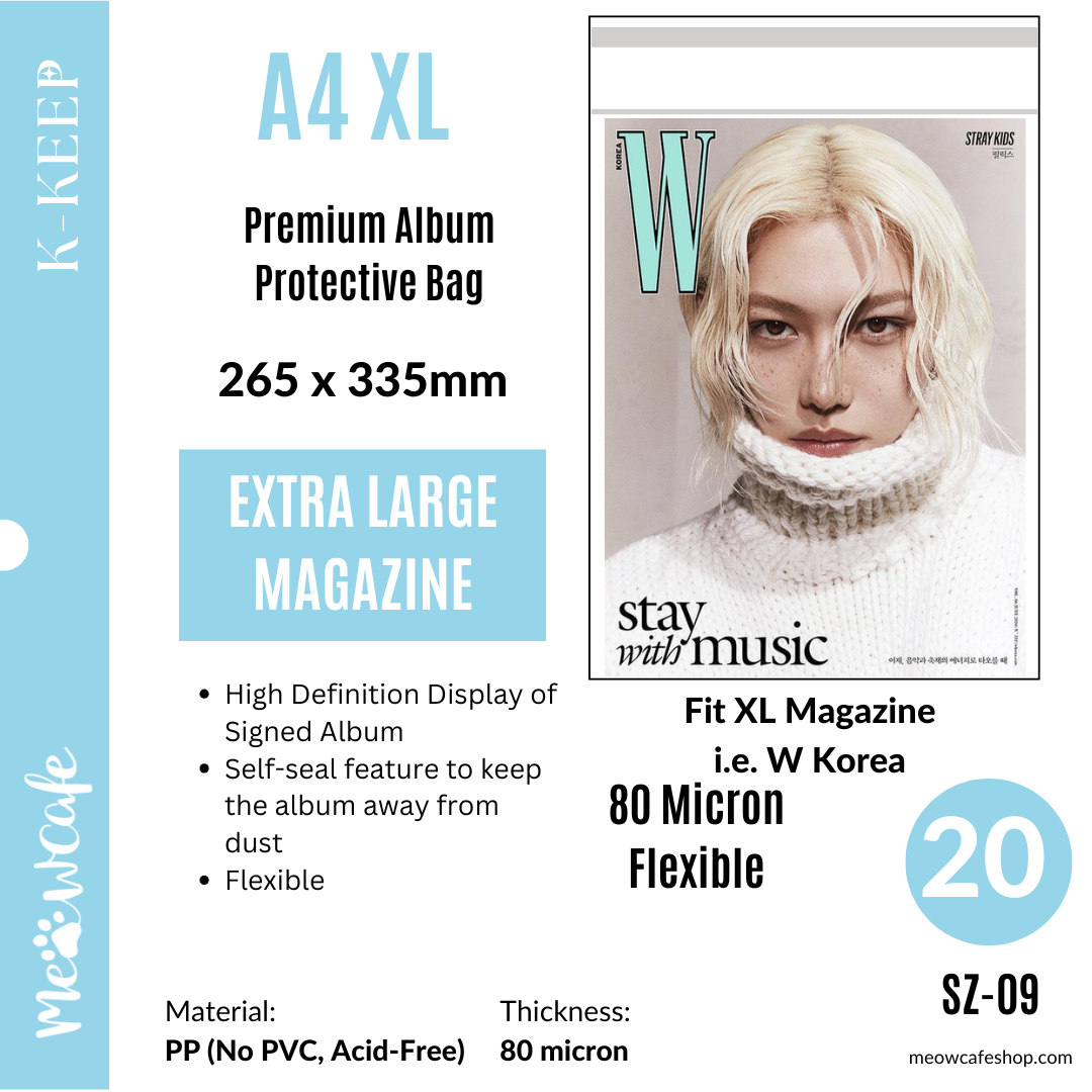 [A4 X-Large] 265x335 mm Premium Kpop Album Protective Bag | 80 Micron Flexible Thickness, Superior Clarity, PP Material (Pack of 20) + 40 Free Corner Tabs (SZ-09)