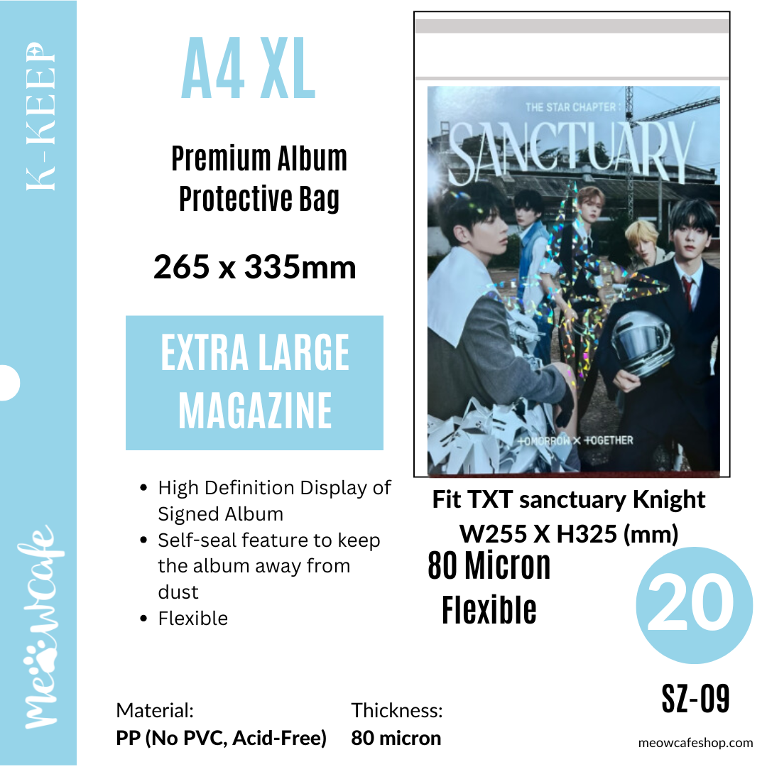 [A4 X-Large] 265x335 mm Premium Kpop Album Protective Bag | 80 Micron Flexible Thickness, Superior Clarity, PP Material (Pack of 20) + 40 Free Corner Tabs (SZ-09)