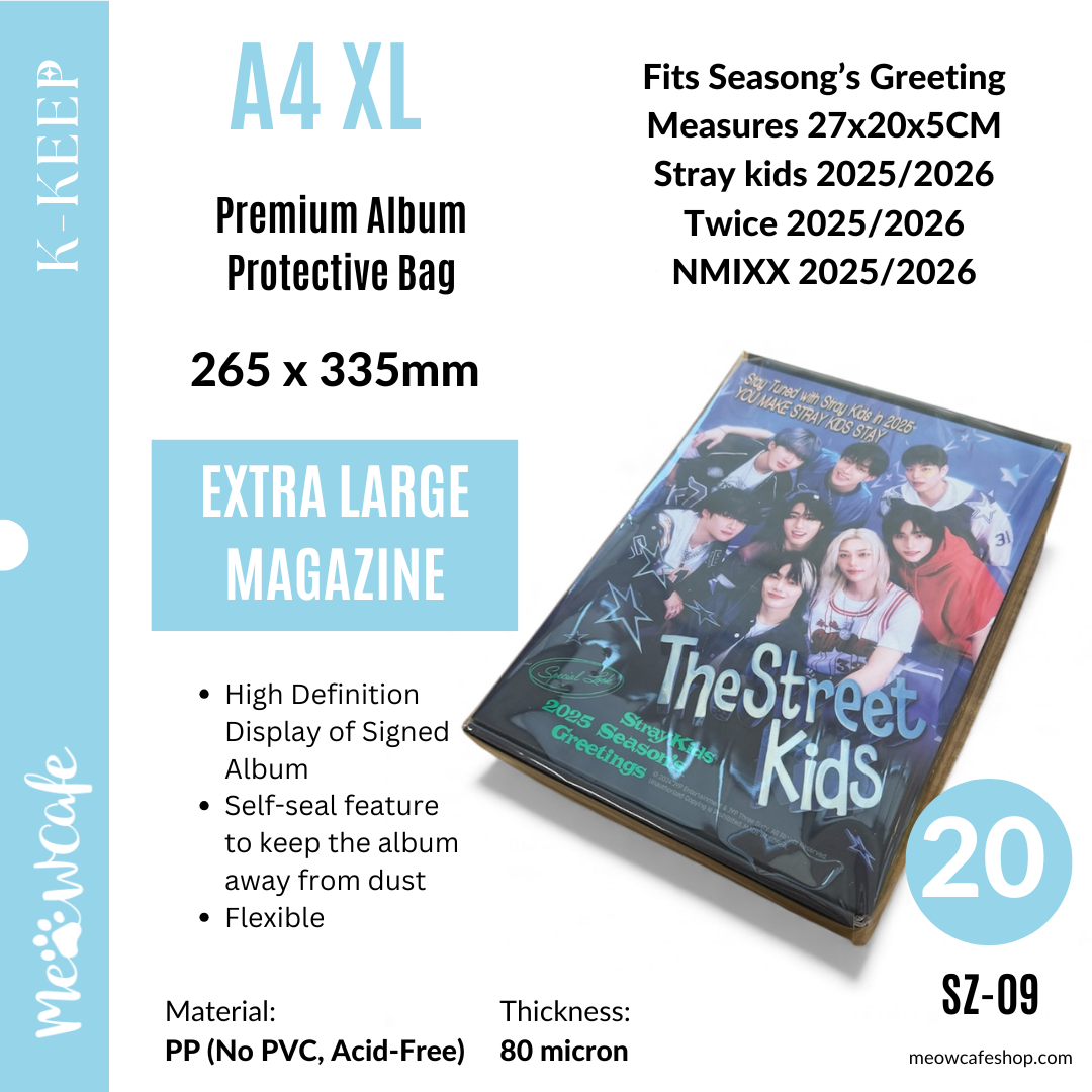 [A4 X-Large] 265x335 mm Premium Kpop Album Protective Bag | 80 Micron Flexible Thickness, Superior Clarity, PP Material (Pack of 20) + 40 Free Corner Tabs (SZ-09)