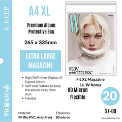 [A4 X-Large] 265x335 mm Premium Kpop Album Protective Bag | 80 Micron Flexible Thickness, Superior Clarity, PP Material (Pack of 20) + 40 Free Corner Tabs (SZ-09)