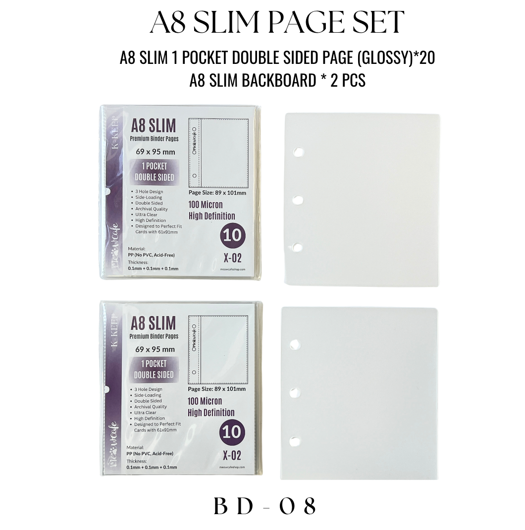 K-KEEP [A8 Slim] 1 Pocket - 69x95mm Double-Sided 3 Holes Premium Binder Pages,  100 Micron Thick, High Definition Glossy (Pack of 10)
