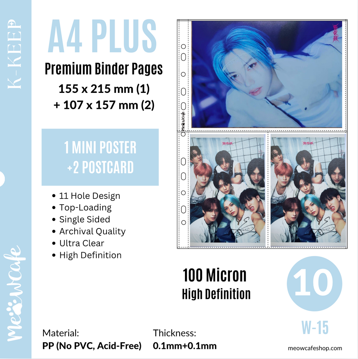 K-KEEP [A4 PLUS] - Custom 1+2 Pocket - 1 Mini Poster + 2 Postcard Page- 11 Holes Premium Binder Pages, 100 Micron Thick, High Definition (Pack of 10) (W-15)