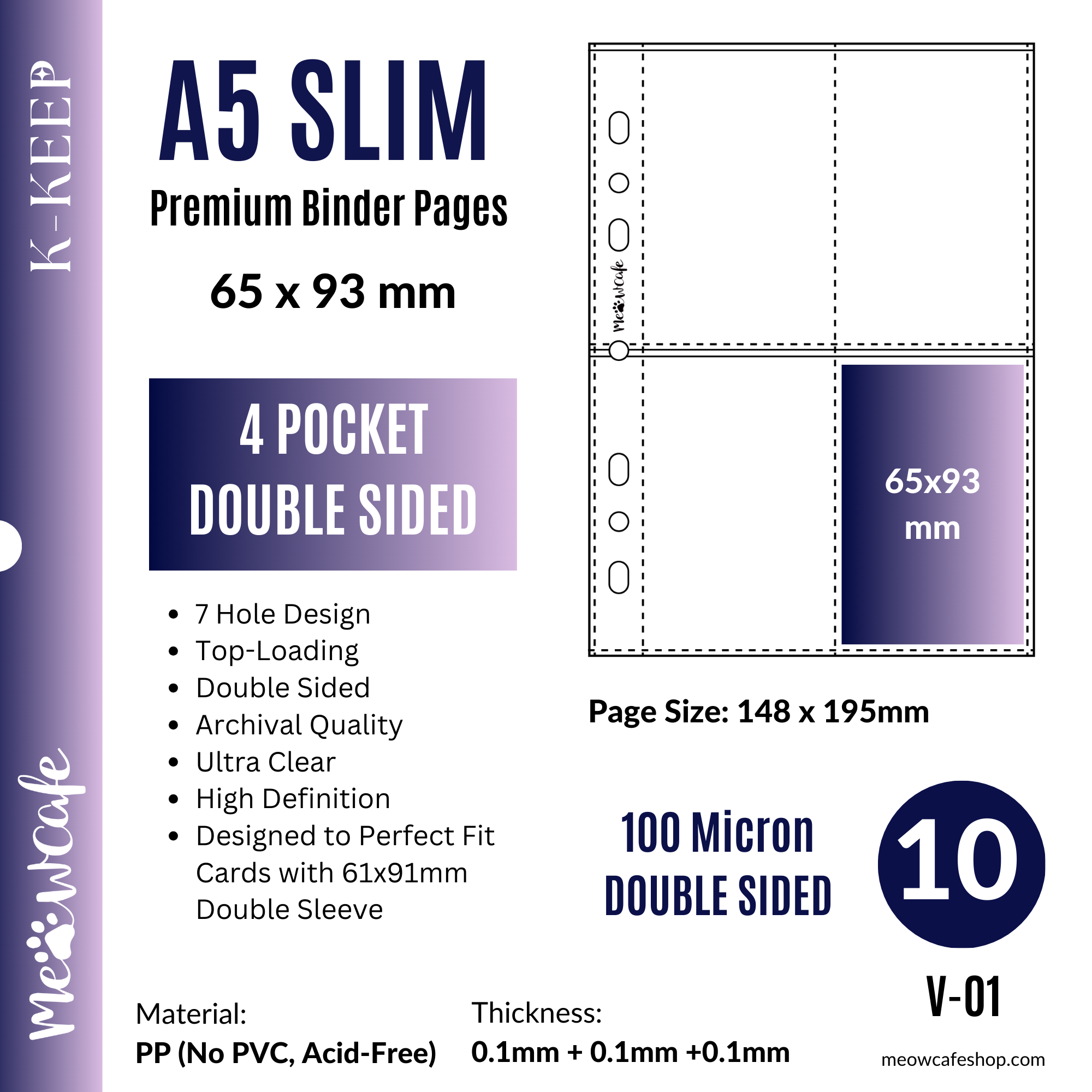 [100 Micron Double Sided] K-KEEP [A5 Slim] 4 Pocket - 65x93mm Double Sided Page 7 Holes Premium Binder Pages, Double Sleeve Perfect Fit, High Definition V-01