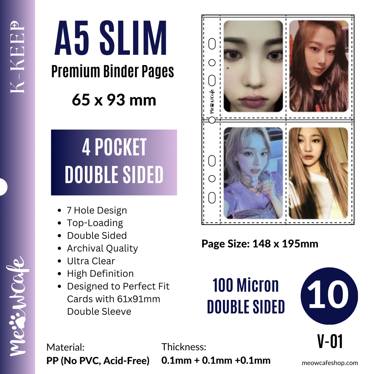 [100 Micron Double Sided] K-KEEP [A5 Slim] 4 Pocket - 65x93mm Double Sided Page 7 Holes Premium Binder Pages, Double Sleeve Perfect Fit, High Definition V-01