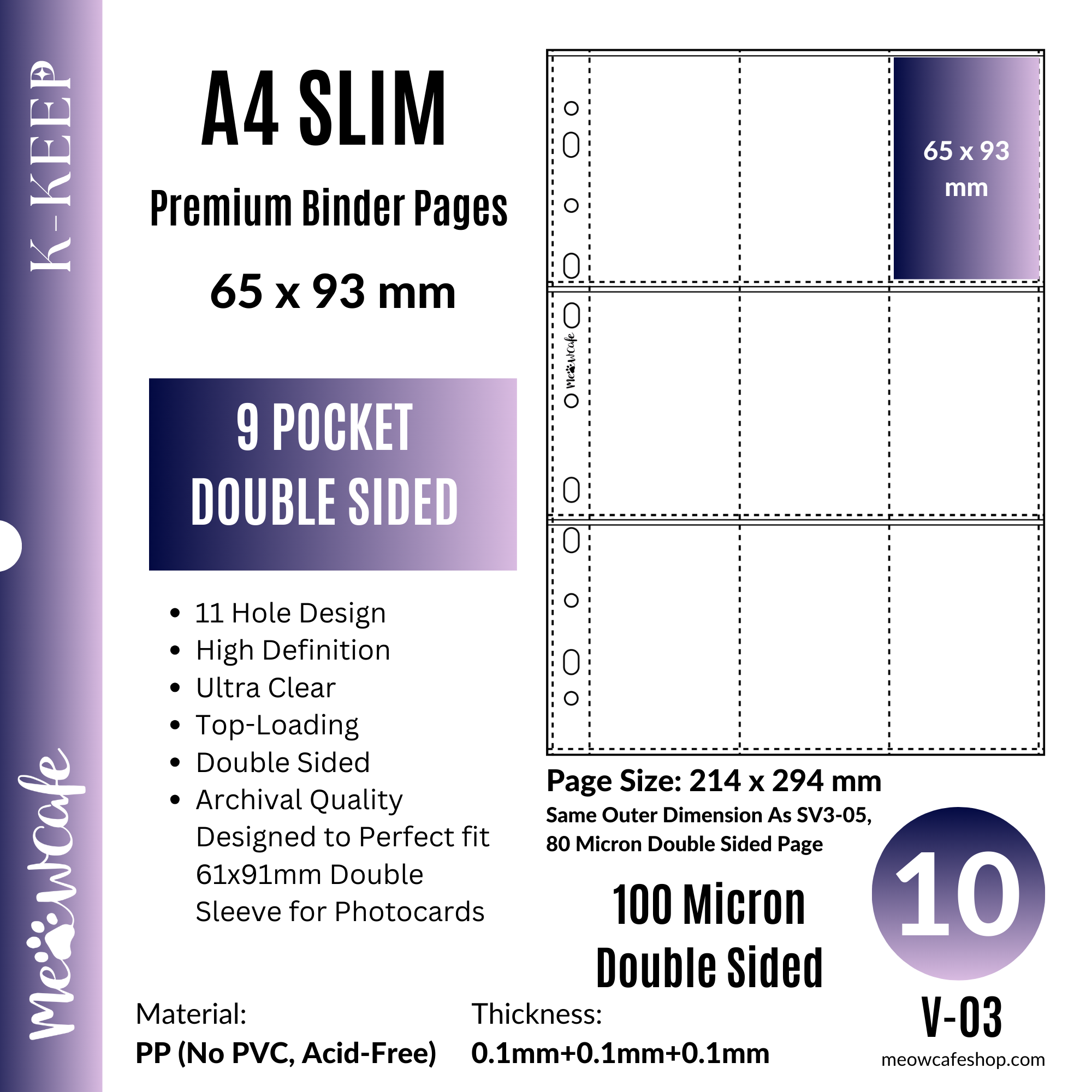 [100 Micron Double Sided] K-KEEP [A4 Slim] - 9 Pocket Slim Double Sided (65x93mm)- 11 Holes Premium Binder Pages, High Definition (Upgraded 100 Micron Thick) - (V-03)