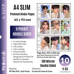 [100 Micron Double Sided] K-KEEP [A4 Slim] - 9 Pocket Slim Double Sided (65x93mm)- 11 Holes Premium Binder Pages, High Definition (Upgraded 100 Micron Thick) - (V-03)