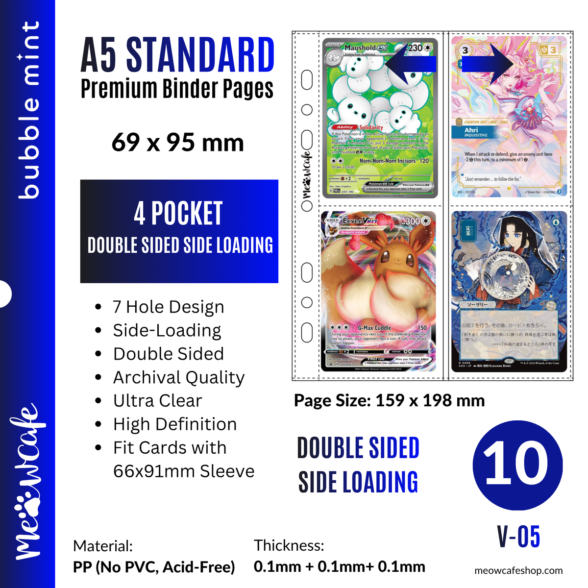 [Side-Loading][Double Sided] K-KEEP [A5 Standard] - 4 Pocket (69x95mm) - 7 Holes Premium Binder Pages, 100 Micron Thick, High Definition (Pack of 10) - (V-05) Fits Any A5 2-Ring, 3-Ring & 6-Ring Binder, for Pokemon TCG Cards in 66x91mm / 67x92mm Sleeves